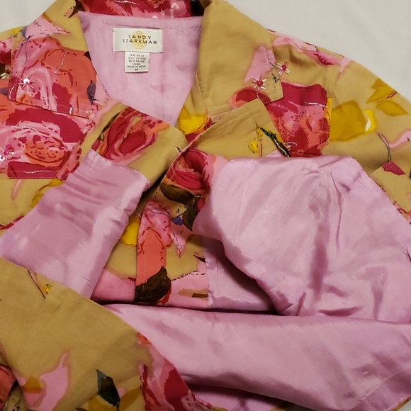 Sandy Starkman Cotton Floral Jacket Tan Pink Women's Medium M - Picture 6 of 8